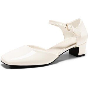 Womens Chunky White Heels Ankle Strap Square Toe Dress Pumps Work Party Shoes